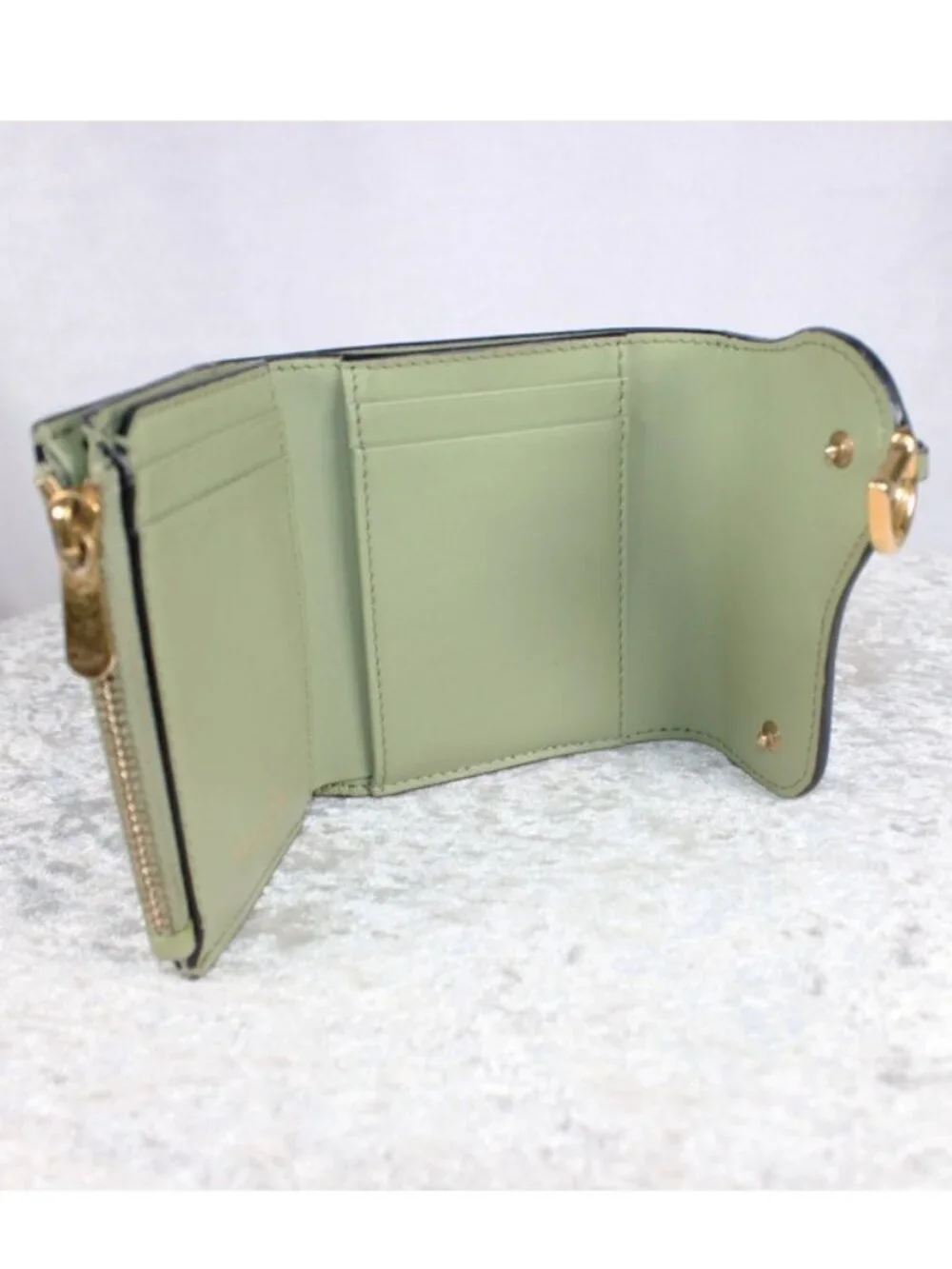 Authentic Christian Dior Saddle Wallet Sage Green Leather Gold D Charm